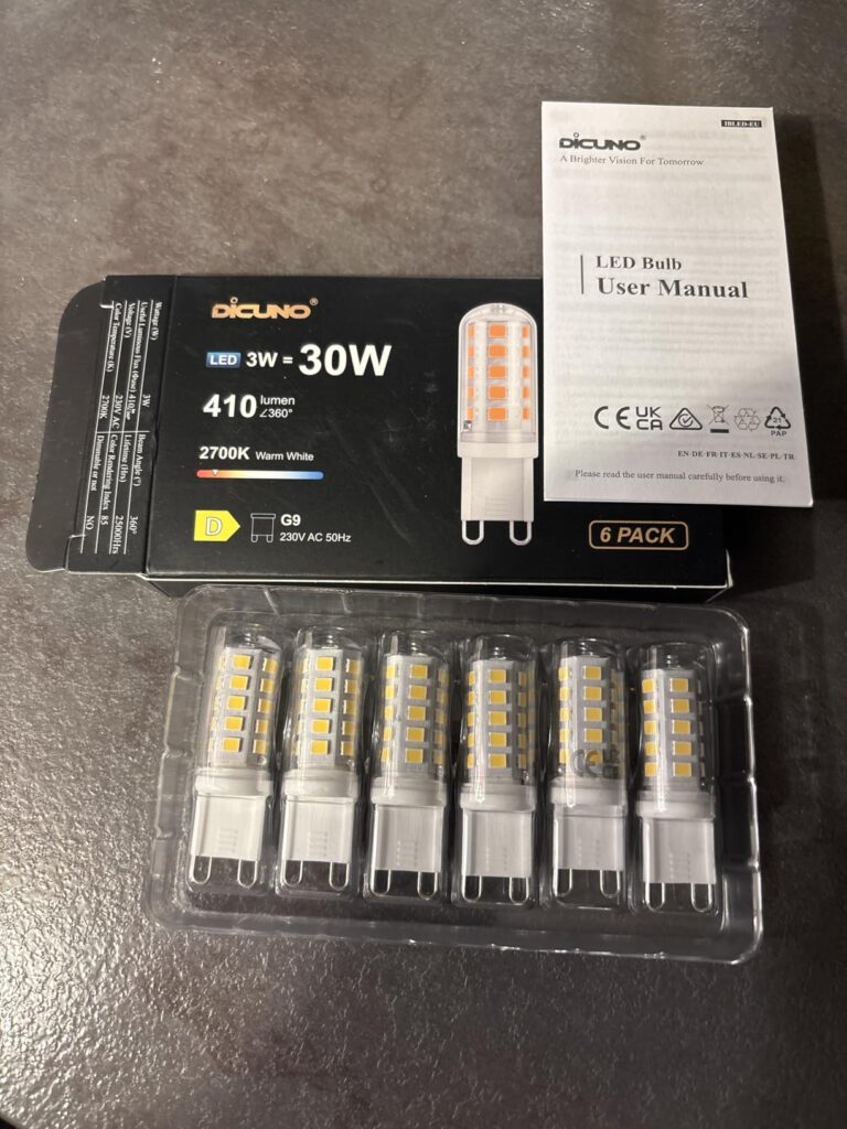 Boîte et blister de 6 ampoules LED G9 DiCUNO.