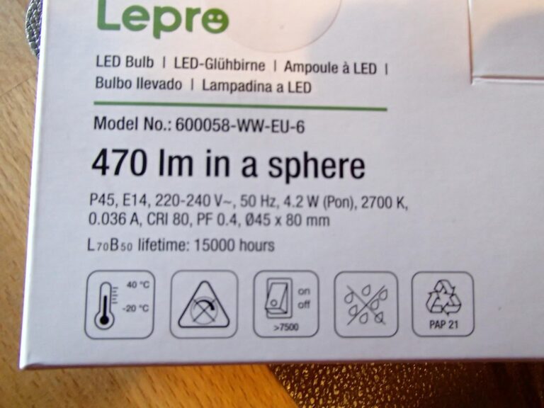 Détails techniques imprimés sur la boîte d'ampoules Lepro