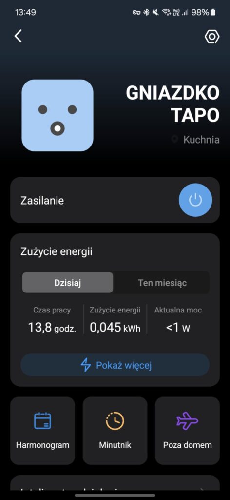 Interface de l'application Tapo montrant le suivi de consommation