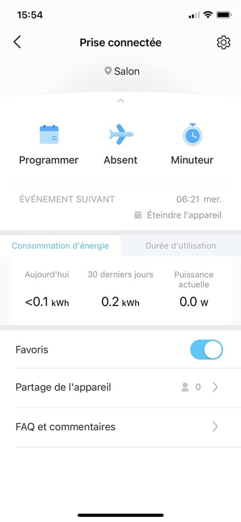 Menu principal de contrôle de la prise sur application mobile