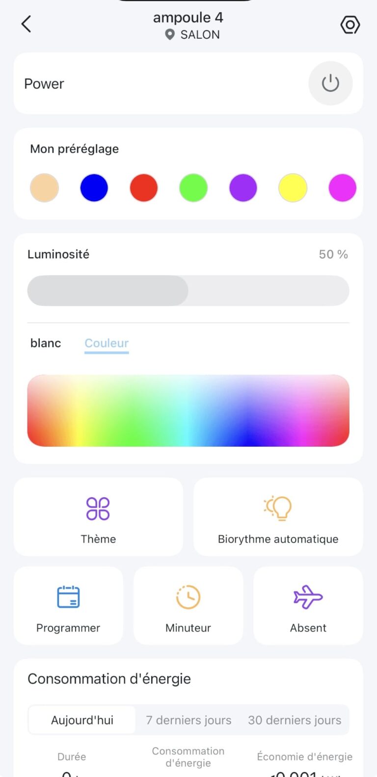 Interface de contrôle de l'ampoule dans l'application.