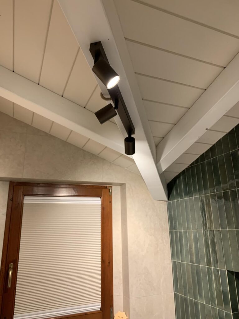 Vue oblique d'une rampe de spots de plafond sous charpente