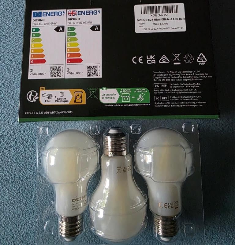 Dos de la boîte DiCUNO avec étiquette énergétique et ampoules