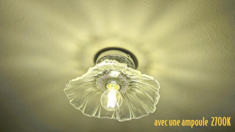 Ampoule LED filament allumée dans un plafonnier décoratif en verre transparent